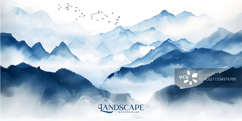 蓝色雾蒙蒙的山脉，柔和的坡度和一群飞鸟图片素材
