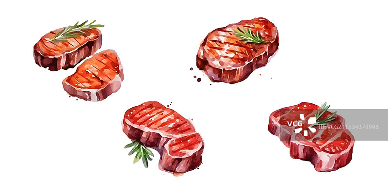 一组牛排肉类食品的水彩画，孤立展示。图片素材