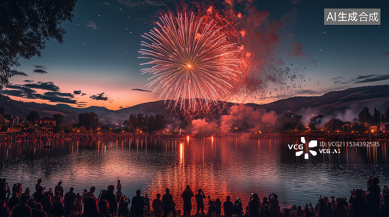 【AI数字艺术】节日人群在湖边观看烟花表演图片素材