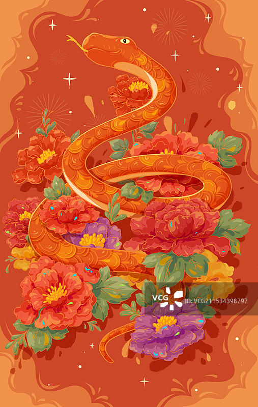 蛇年牡丹花节日插画图片素材