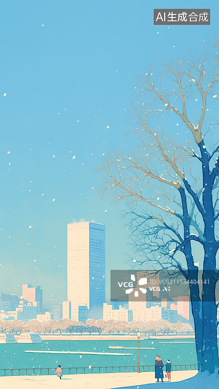 【AI数字艺术】一家三口外出游玩 滨江城市岸边户外开放公园 千禧年代复古手绘风格插画 近景枯枝树杈 远景小区居民住宅图片素材