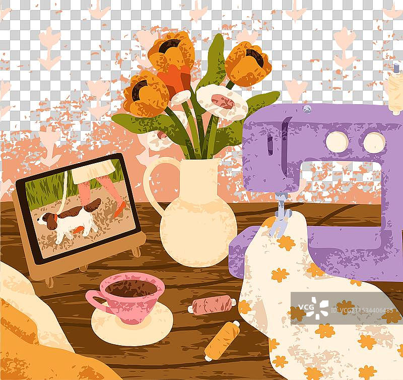 缝纫机与布料和线材在一起图片素材