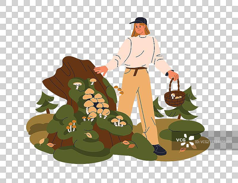 女人在秋季森林中散步，寻找和收集物品图片素材