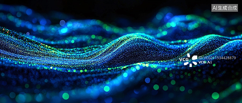 【AI数字艺术】蓝绿色波浪状流动发光线条水波，创新、能量或信息传输的概念，科技感和抽象风格的未来主义感图片素材