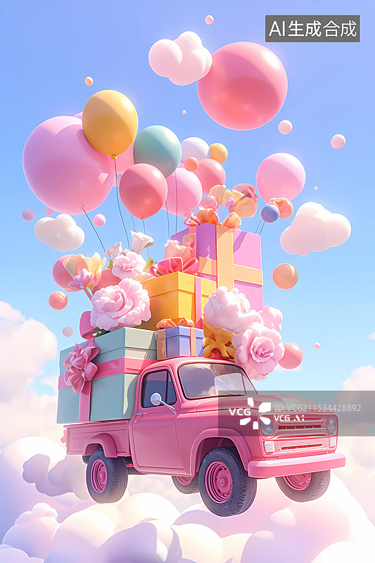 【AI数字艺术】ai-3d-载满礼物鲜花气球的小卡车图片素材