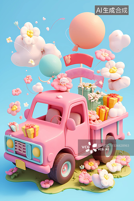 【AI数字艺术】ai-3d-载满礼物鲜花气球的小卡车图片素材