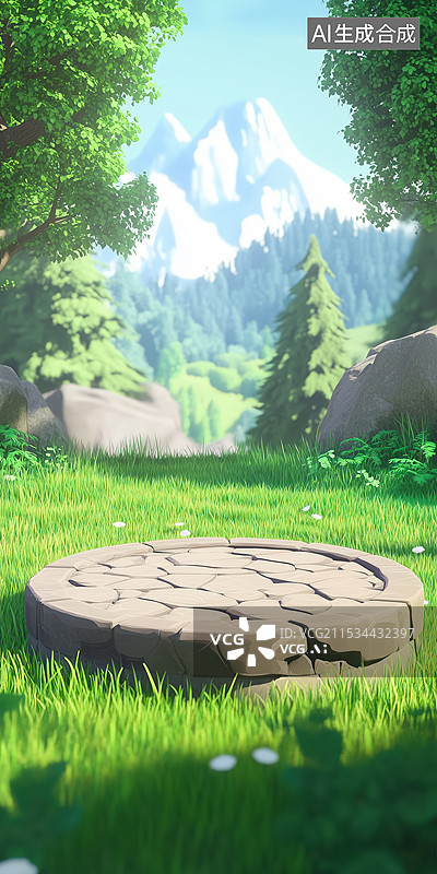 【AI数字艺术】清新山间大树下圆形石砌展台3D背景插画图片素材