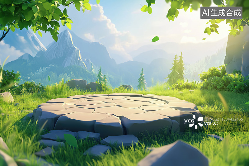 【AI数字艺术】清新山间大树下圆形石砌展台3D背景插画图片素材