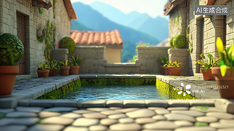 【AI数字艺术】清新明亮有水池的欧式庭院一角3D立体插画图片素材