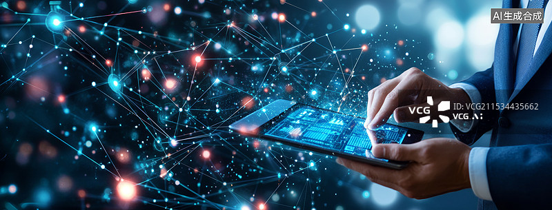 【AI数字艺术】一位穿着正式的商务人士正在使用平板电脑。他的手指指向屏幕上的一个图标，图标上有一个盾牌和检查标记图片素材