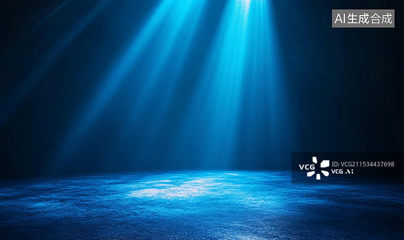 【AI数字艺术】简洁空旷的蓝色舞台背景，顶部射出的蓝色光线，照亮了舞台图片素材