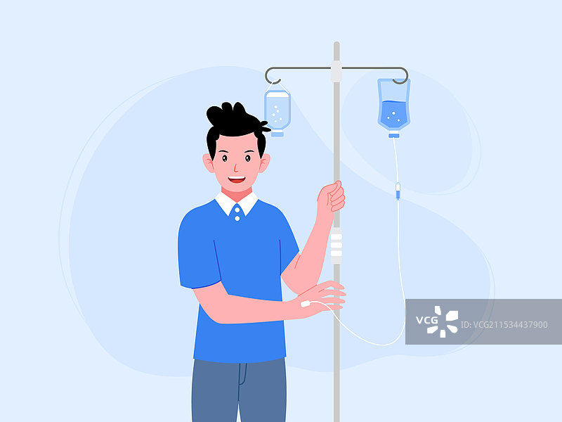 一个男生手拿着挂盐水瓶支撑架矢量插画图片素材