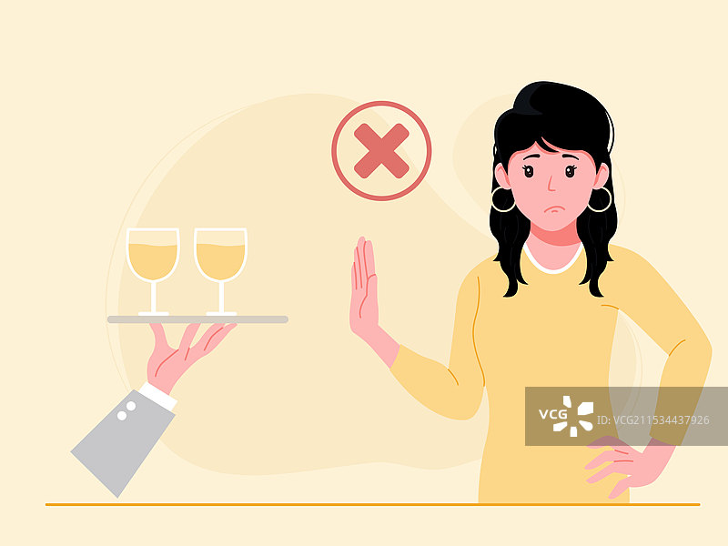 一个女生拒绝一旁端来的酒杯矢量插画图片素材