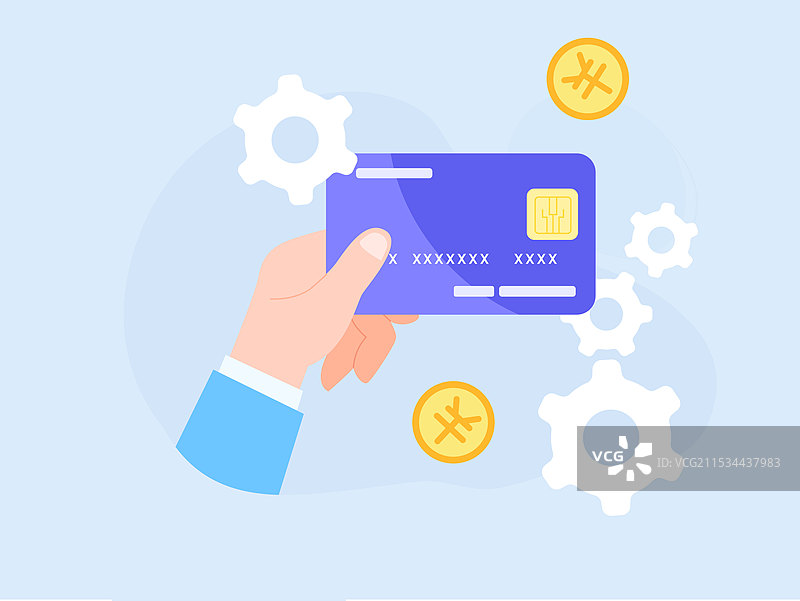 一只手拿着一张银行卡旁边有金币矢量插画图片素材