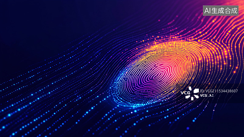 【AI数字艺术】紫色和蓝色相间的渐变色，彩色光点组成的独特指纹图案，科技感和未来感图片素材