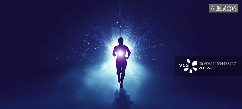 【AI数字艺术】一位女性的剪影，她正朝着一个明亮的光源走去。背景是深紫色的，光源发出强烈的光芒，形成了一个放射状的光图片素材