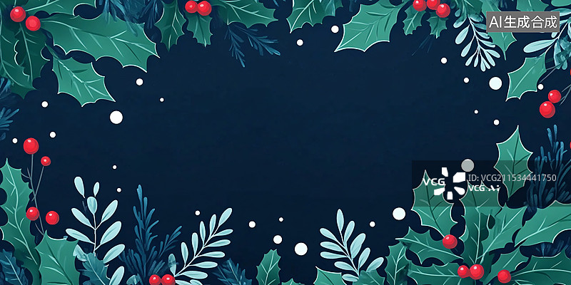 【AI数字艺术】充满节日气氛的圣诞主题插画，松树树枝组成的框架包围，温馨而喜庆的深蓝色背景图片素材