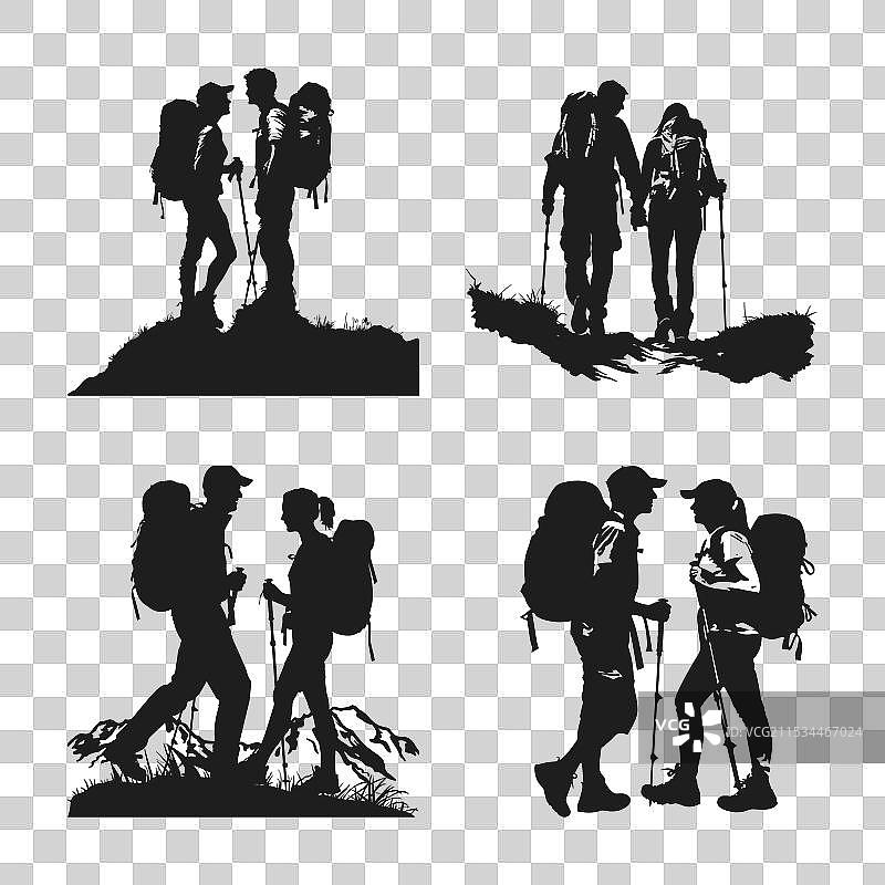 一组情侣徒步旅行者的剪影图片素材