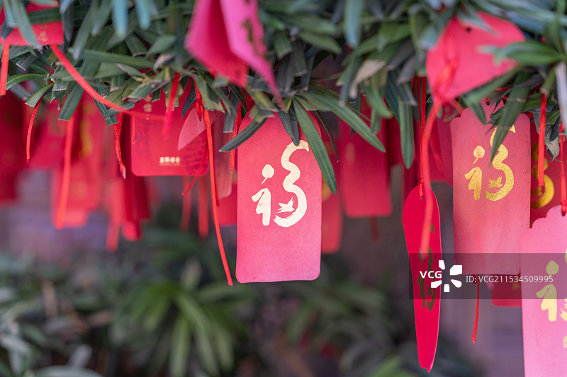 中国寺庙里许愿树上的祈福牌图片素材
