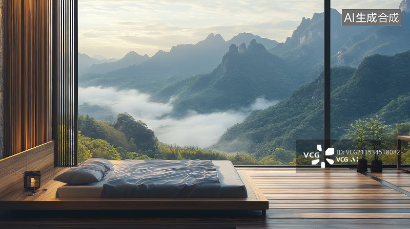 【AI数字艺术】云雾缭绕的山里的民宿卧室图片素材