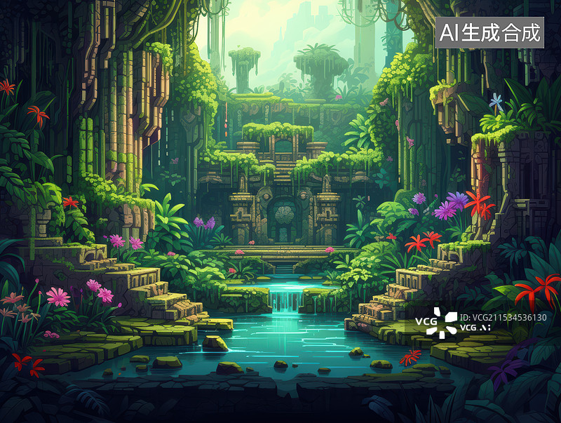 【AI数字艺术】神秘丛林的遗迹之门，远古文明的绿色守护图片素材