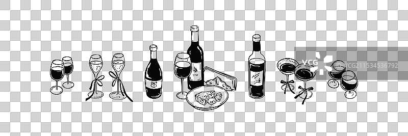 葡萄酒瓶和酒杯与布里奶酪拼盘图片素材