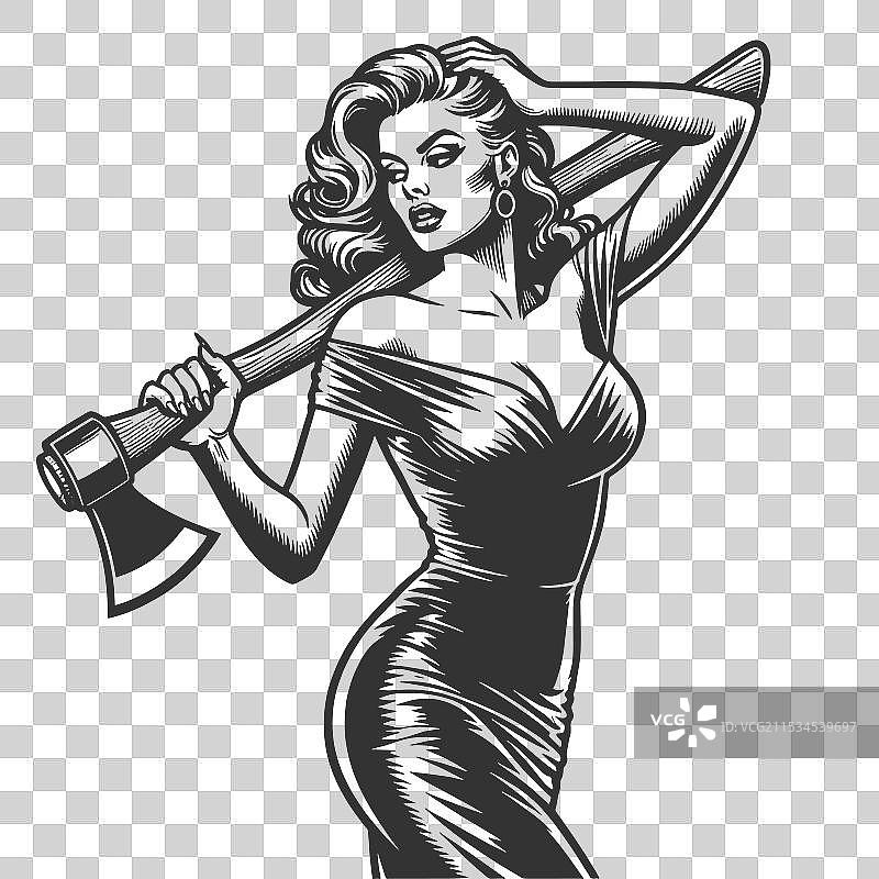 穿着裙子的性感女性手持斧头图片素材