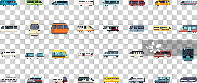 一组不同类型的客运列车在行驶图片素材