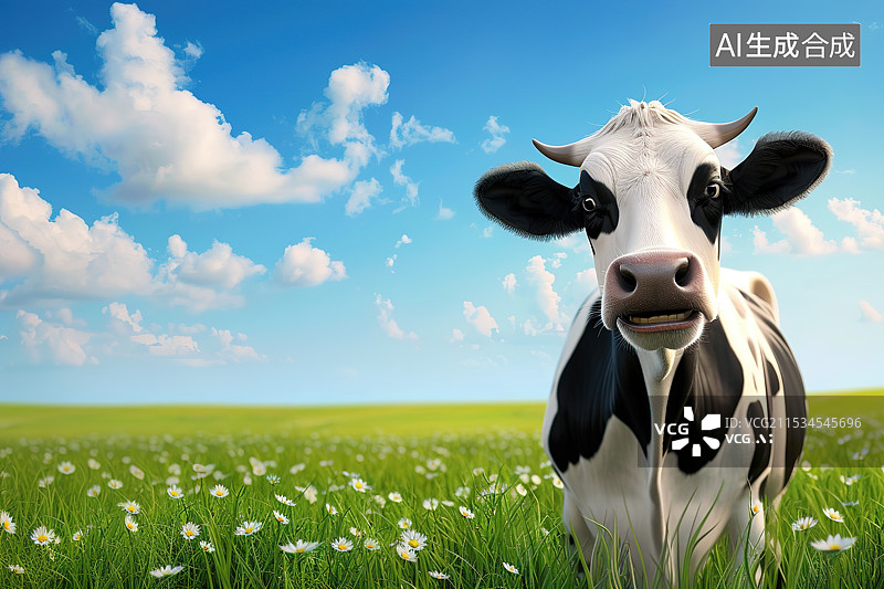 【AI数字艺术】一头草原上的奶牛——牛奶广告背景图片素材