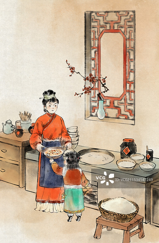 腊八熬制腊八粥—中国传统春节年俗习俗国画古风水墨写意工笔国风插画图片素材
