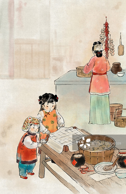 腊月二十五推磨做豆腐—中国传统春节年俗习俗国画古风水墨写意工笔国风插画图片素材