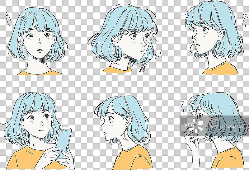 一位蓝发年轻女孩的各种描绘图片素材