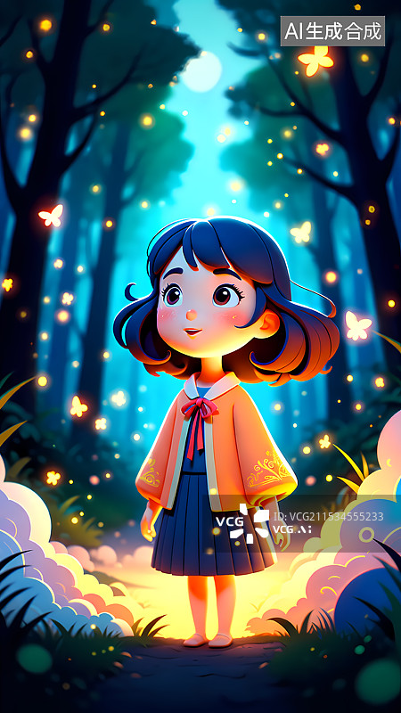 【AI数字艺术】夏天夜晚森林里的女孩和萤火虫插画图片素材