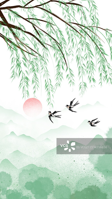 中国风春分抽象艺术柳树泼墨晕染诗意水墨画图片素材