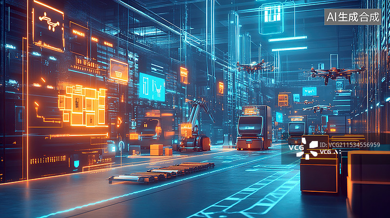【AI数字艺术】现代未来自动化物流仓库管理中心图片素材