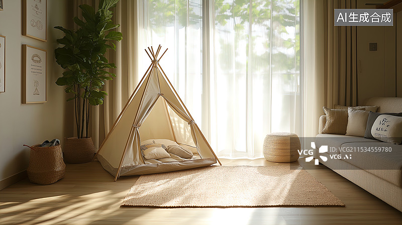 【AI数字艺术】阳光照射着儿童帐篷的室内场景图片素材