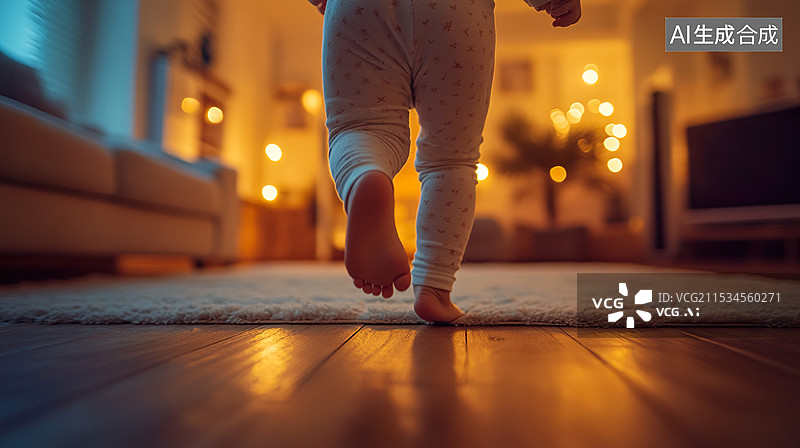 【AI数字艺术】温馨的卧室里的孩子在学走路人口问题图片素材