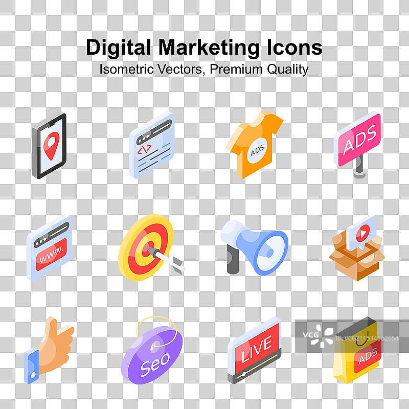 数字营销等距图标集，孤立在白色背景上图片素材