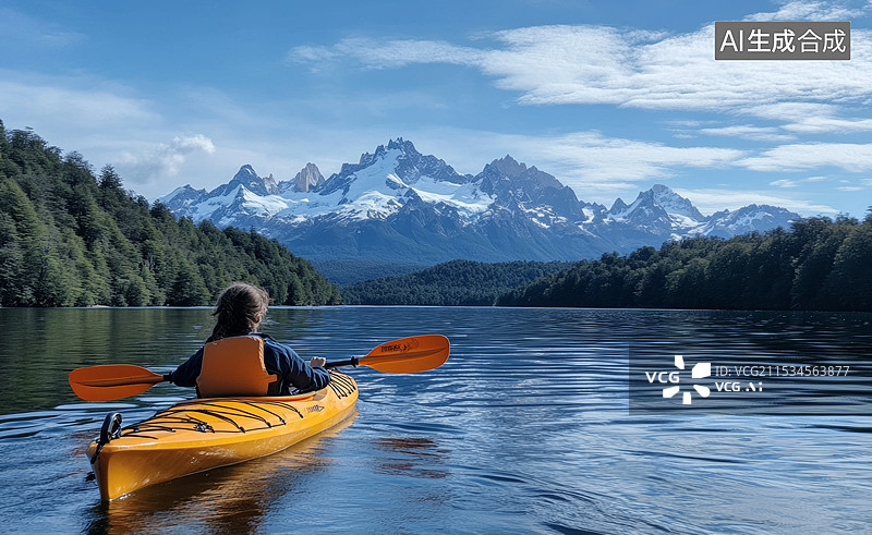 【AI数字艺术】一位皮划艇爱好者在宁静的湖面上划桨，背景是壮丽的雪山和茂密的森林。湖面平静如镜，反射出周围的美景图片素材