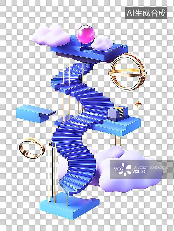 【AI数字艺术】3D等距图形：蓝紫色梦幻旋转楼梯图片素材