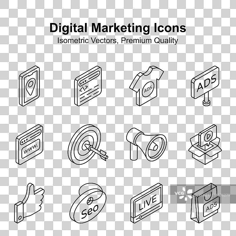 数字营销等距图标集，孤立在白色背景上图片素材