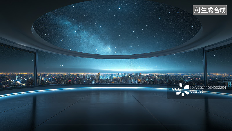 【AI数字艺术】黑色光滑的地板，背景是一个大的圆形和星空图片素材