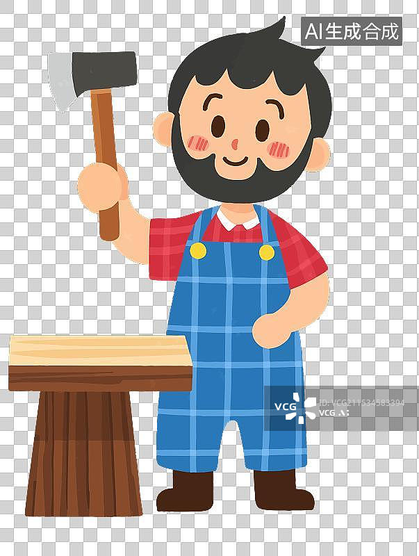 【AI数字艺术】卡通矢量图，木匠于劳动节辛勤劳作，身着工装，手持锯锤刨等工具，木屑纷飞，尽显木工技艺与勤劳。图片素材