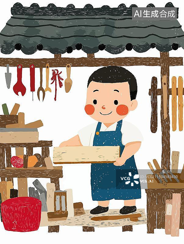 【AI数字艺术】卡通矢量图，木匠于劳动节辛勤劳作，身着工装，手持锯锤刨等工具，木屑纷飞，尽显木工技艺与勤劳。图片素材