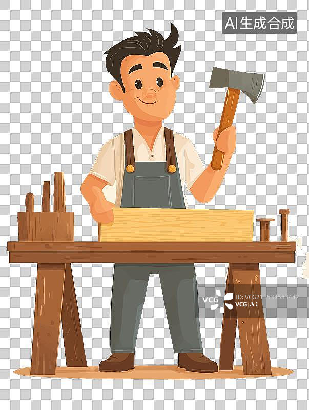 【AI数字艺术】卡通矢量图，木匠于劳动节辛勤劳作，身着工装，手持锯锤刨等工具，木屑纷飞，尽显木工技艺与勤劳。图片素材