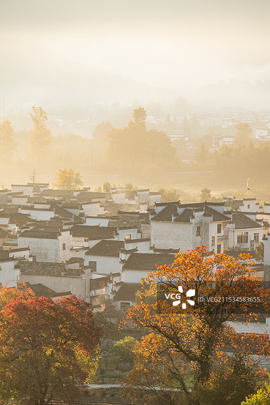 秋天的日出晨雾 皖南 徽派建筑 乡村 田园图片素材