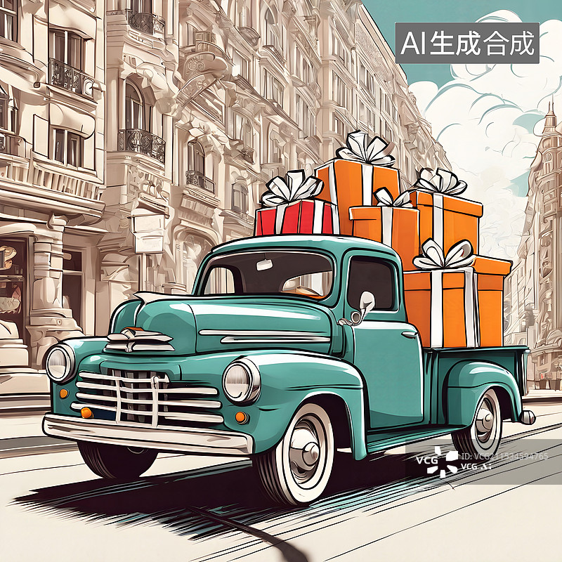 【AI数字艺术】复古皮卡汽车满载礼盒，促销海报图片素材