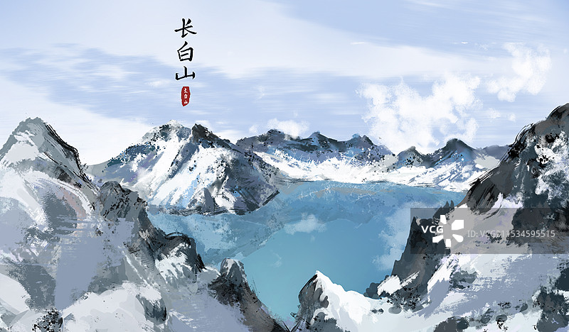 长白山天池水墨画图片素材