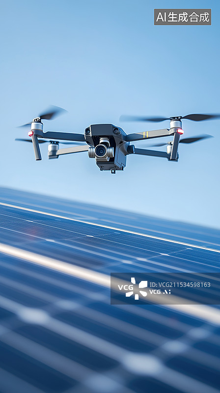 【AI数字艺术】无人机在太阳能电池板上方飞行绿色能源和可持续发展低空经济背景图片素材