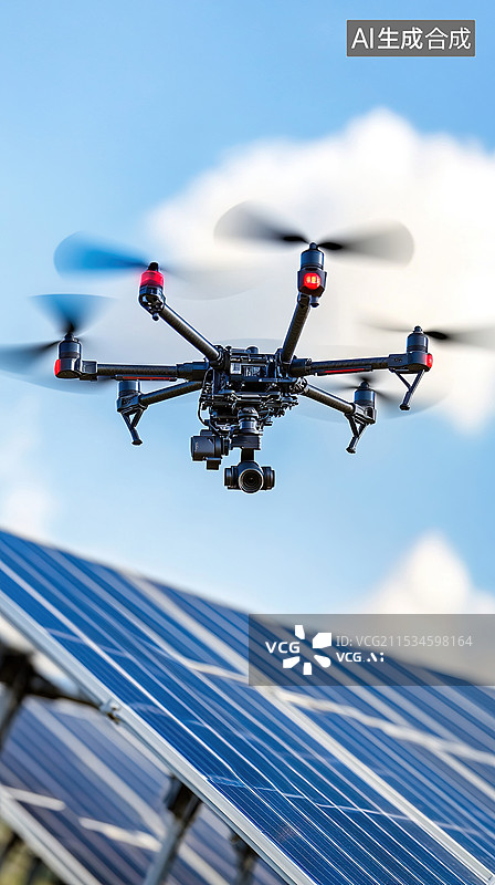 【AI数字艺术】无人机在太阳能电池板上方飞行绿色能源和可持续发展低空经济背景图片素材